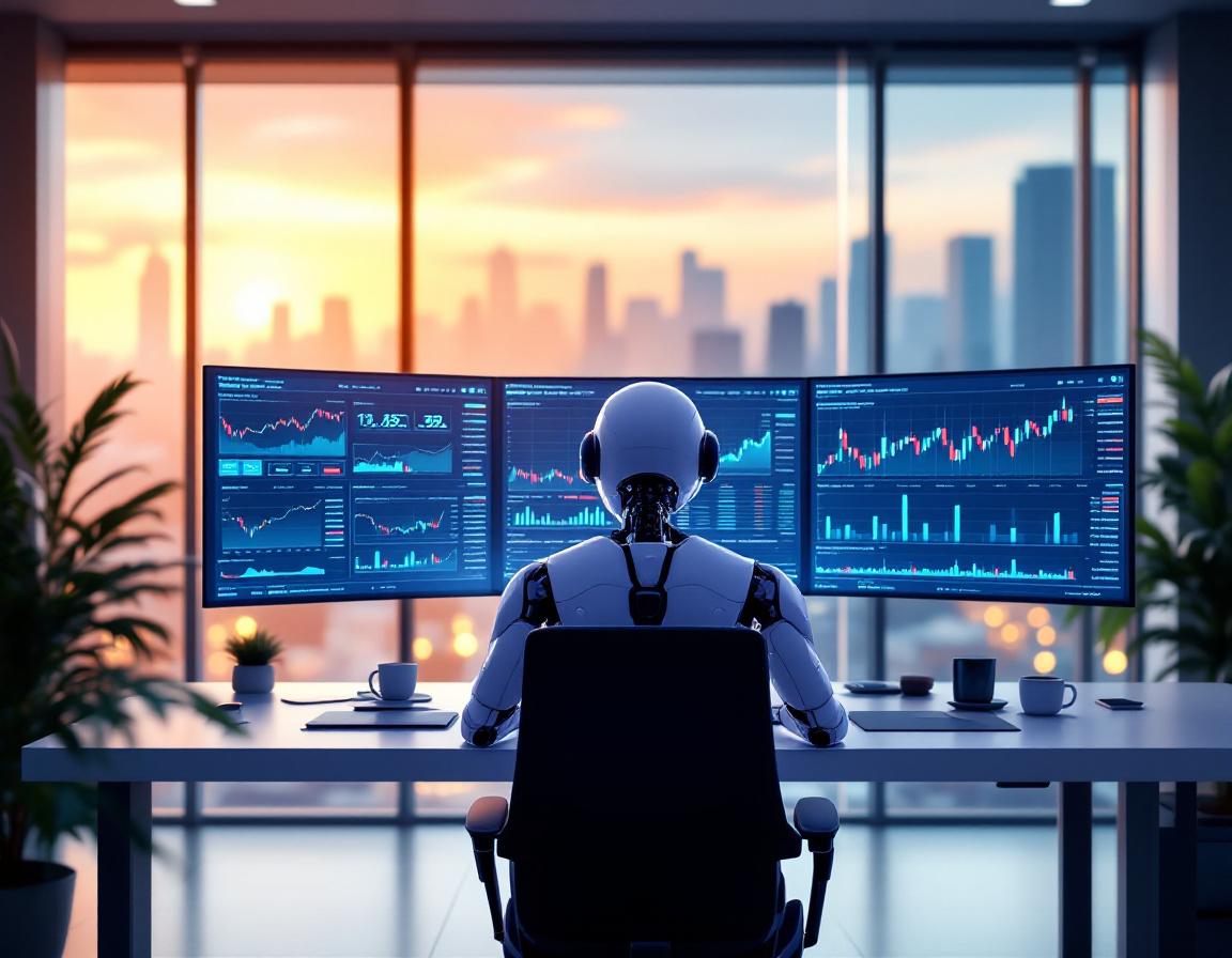 A humanoid AI trading bot analyzes market data at a high-tech workstation with glowing screens.