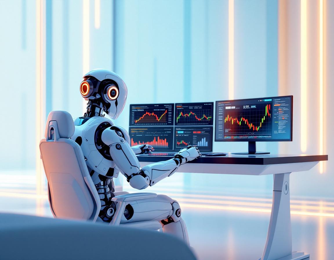 A humanoid AI trading bot at a workstation analyzing market data on screens in a futuristic setting.