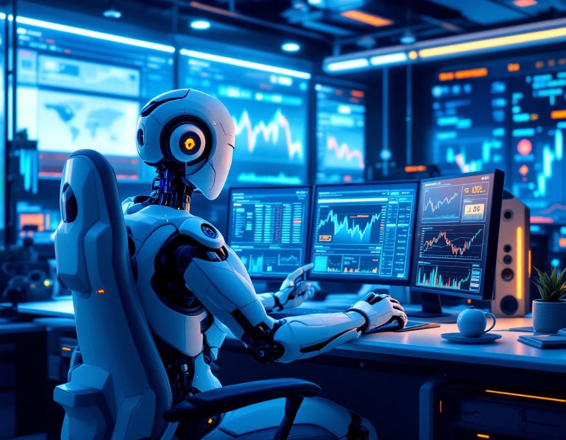 A humanoid AI trading bot analyzing market data at a high-tech workstation with multiple screens.