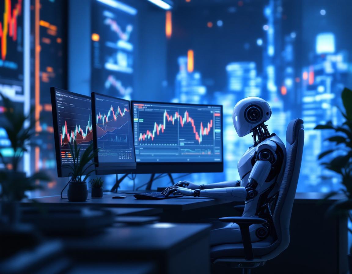 A hyper-realistic AI trading bot at a high-tech workstation analyzing multiple market screens.