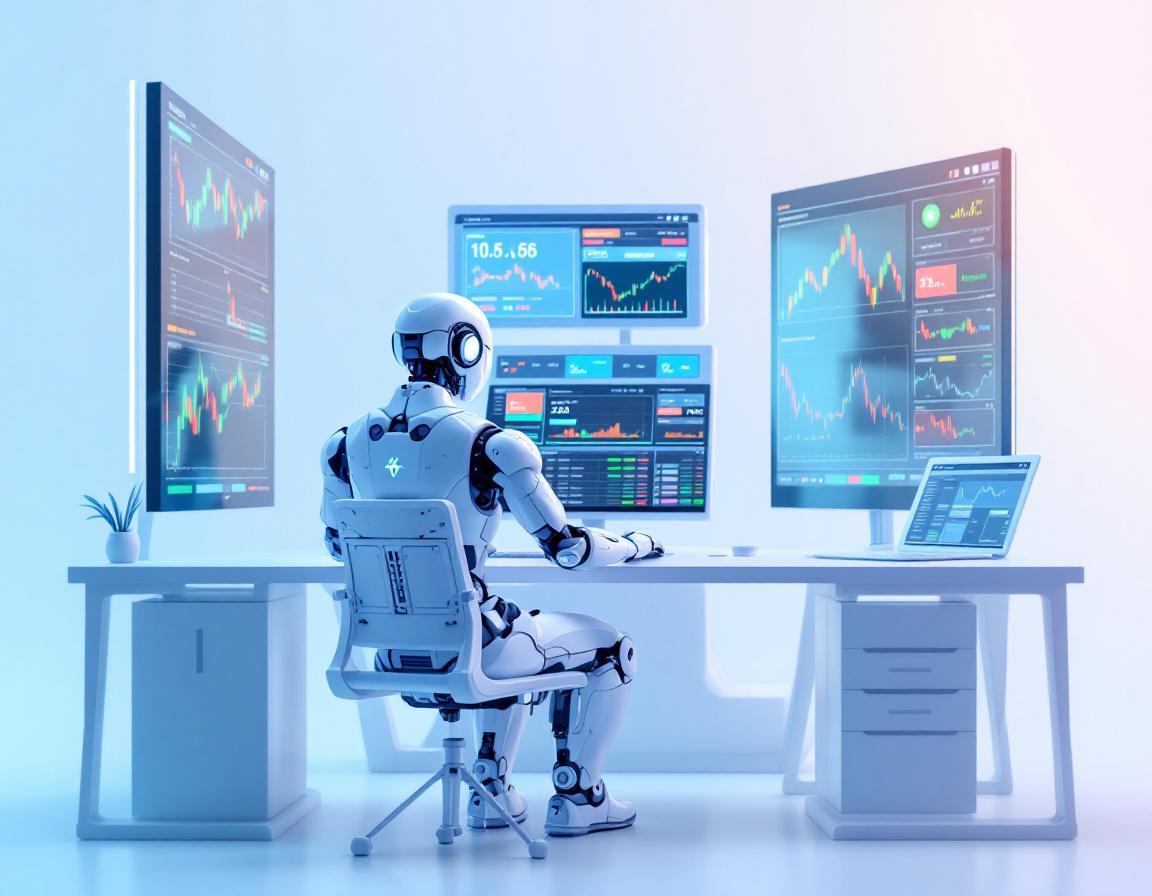 A sleek humanoid AI trading bot in a high-tech workstation analyzing data on multiple screens.