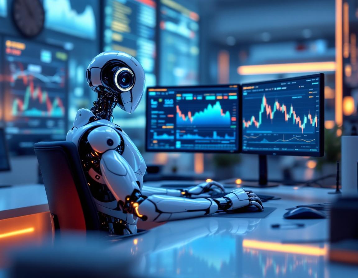 A hyper-realistic AI trading bot at a futuristic workstation analyzing crypto and stock market data.