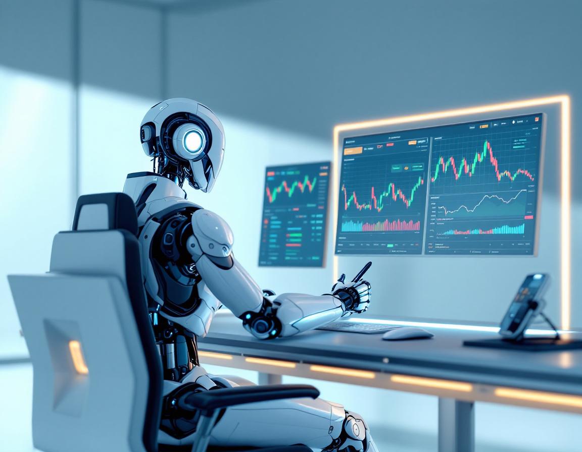 A humanoid AI trading bot at a workstation analyzes market data on screens in a futuristic setting.